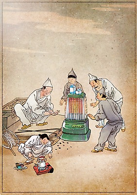 PSD 한국전통 남자 어린이 백그라운드 컨셉 일러스트 주전자 사람 여러명 성인 컵 뜨거움 열 변화 난로 버너 그림 과거 현대문화 전기난로 풍속화 남자만 국내일러스트 전통 식기 문화 다수 주방용품 한국 난방기 파일형식