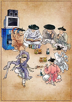 PSD 한국전통 남자 음료 백그라운드 컨셉 일러스트 사람 여러명 성인 텔레비전 춤 변화 캔 한복 안주 그림 과거 탬버린 현대문화 술자리 노래방 노래방기계 풍속화 성인남자만 국내일러스트 갓모자 모자_잡화 전통 문화 다수 문화예술 타악기 전통소품 한국 전자제품 전통의상 남자만 성인만 파일형식