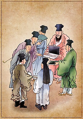 PSD 한국전통 남자 백그라운드 컨셉 일러스트 회의 사람 여러명 성인 노트북 전자제품 태블릿 부채 변화 한복 구경 그림 과거 현대문화 풍속화 성인남자만 국내일러스트 전통 문화 다수 비즈니스 한국 스마트기기 전통의상 남자만 성인만 파일형식