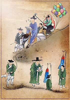 PSD 한국전통 커플 여자 남자 백그라운드 컨셉 일러스트 신혼부부 산 사람 여러명 성인 신혼여행 말_동물 변화 한복 청사초롱 그림 과거 풍선 현대문화 셀카봉 풍속화 성인만 국내일러스트 갓모자 모자_잡화 전통 부부 문화 다수 결혼 포유류 관계 전통소품 한국 전통의상 신혼 초롱 파일형식