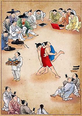 PSD 한국전통 남자 스포츠 백그라운드 컨셉 일러스트 사람 경기 여러명 성인 노트북 변화 한복 구경 그림 과거 레슬링 현대문화 풍속화 성인남자만 국내일러스트 갓모자 모자_잡화 전통 문화 다수 전통소품 한국 전자제품 격투기 전통의상 남자만 성인만 파일형식