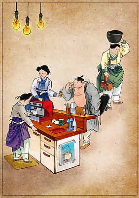 PSD 한국전통 여자 남자 커피 음료 백그라운드 컨셉 일러스트 전구 사람 여러명 성인 카페 항아리 변화 한복 종이컵 커피메이커 그림 과거 주문 현대문화 풍속화 성인만 국내일러스트 갓모자 모자_잡화 전통 문화 다수 전통소품 한국 컵 상점 도자기 전통의상 일회용 커피용품 파일형식