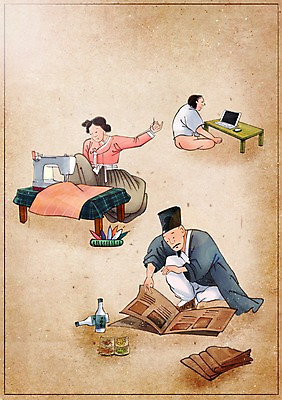 PSD 한국전통 여자 남자 어린이 백그라운드 컨셉 일러스트 사람 성인 일상 노트북 마우스 신문 변화 수리 재봉틀 그림 과거 현대문화 풍속화 국내일러스트 전통 문화 한국 라이프 간행물 전자제품 컴퓨터용품 뉴스 파일형식