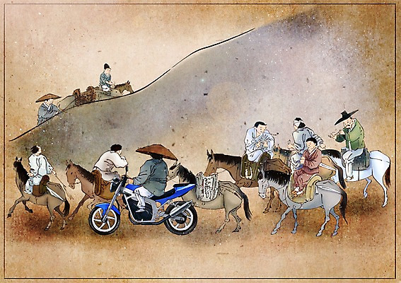 PSD 한국전통 남자 백그라운드 이동 컨셉 일러스트 산 사람 여러명 오토바이 말_동물 변화 한복 그림 과거 현대문화 풍속화 남자만 국내일러스트 갓모자 모자_잡화 전통 문화 다수 포유류 전통소품 한국 바이크 전통의상 파일형식