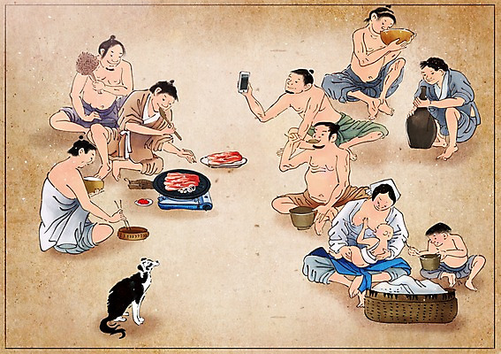 PSD 한마리 한국전통 여자 남자 어린이 음식 백그라운드 컨셉 일러스트 사람 여러명 성인 반려동물 변화 강아지 한복 버너 그림 삼겹살 과거 현대문화 풍속화 국내일러스트 동물 1 전통 문화 다수 한국 돼지고기 개 전통의상 파일형식