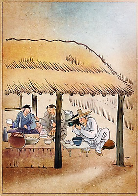 PSD 한국전통 여자 남자 어린이 음식 백그라운드 컨셉 일러스트 지붕 초가집 사람 여러명 성인 야외 카메라 식당 촬영 변화 그림 과거 방송 현대문화 맛집 풍속화 국내일러스트 전통 문화 다수 한옥 한국 전자제품 상점 파일형식