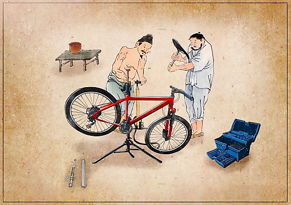 PSD 한국전통 남자 백그라운드 컨셉 일러스트 사람 성인 두명 자전거 변화 수리 한복 공구함 그림 과거 현대문화 안장 풍속화 성인남자만 국내일러스트 전통 문화 한국 바이크 공구 전통의상 남자만 성인만 파일형식