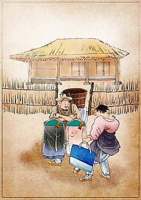 PSD 한국전통 여자 남자 백그라운드 컨셉 일러스트 초가집 사람 울타리 아기 변화 한복 배송 그림 과거 현대문화 빨랫감 풍속화 국내일러스트 전통 문화 한옥 한국 담장 빨래 전통의상 파일형식