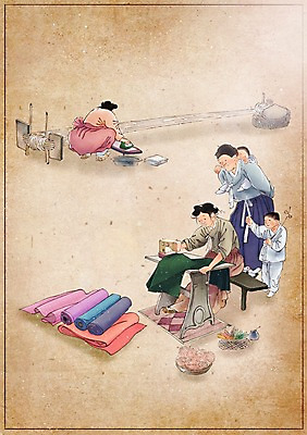 PSD 한국전통 여자 남자 어린이 백그라운드 컨셉 일러스트 사람 여러명 성인 직물 변화 수리 한복 재봉틀 그림 과거 현대문화 세탁소 풍속화 국내일러스트 전통 문화 다수 한국 전통의상 파일형식