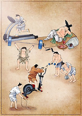 PSD 한국전통 남자 어린이 백그라운드 컨셉 일러스트 사람 여러명 성인 운동 운동기구 아령 헬스장 변화 역기 한복 그림 줄넘기 과거 런닝머신 현대문화 풍속화 남자만 국내일러스트 갓모자 모자_잡화 전통 문화 다수 전통소품 한국 건강 헬스 전통의상 파일형식