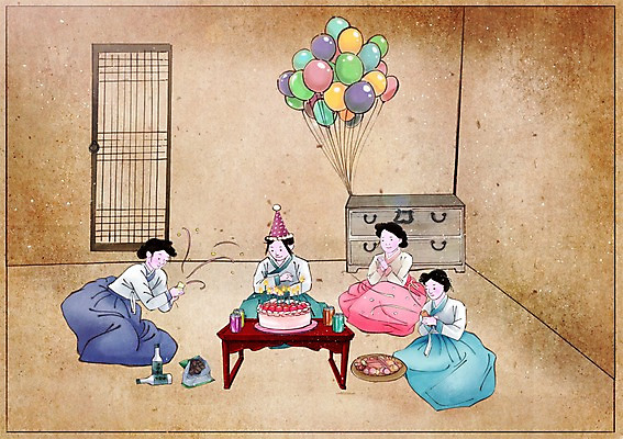 PSD 한국전통 여자 음료 백그라운드 컨셉 일러스트 폭죽 실내 사람 여러명 성인 파티 과자 케이크 고깔모자 축하 생일파티 생일 변화 캔 한복 그림 과거 풍선 현대문화 풍속화 성인여자만 국내일러스트 모자_잡화 전통 기념일 문화 다수 디저트 한국 이벤트 내부 전통의상 여자만 성인만 파일형식