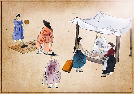 PSD 한국전통 여자 남자 백그라운드 컨셉 일러스트 사람 여러명 성인 캐리어 변화 시장 한복 구경 그림 과거 현대문화 잡상 풍속화 성인만 국내일러스트 갓모자 모자_잡화 전통 문화 다수 전통소품 한국 기와 여행가방 전통의상 파일형식