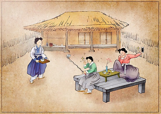 PSD 한국전통 여자 어린이 음식 백그라운드 컨셉 일러스트 쟁반 초가집 사람 성인 야외 세명 스마트폰 울타리 정원 사진촬영 변화 한복 밥상 그림 과거 평상 현대문화 셀카봉 풍속화 여자만 국내일러스트 전통 문화 탁자 한옥 한국 핸드폰 스마트기기 담장 촬영 전통의상 파일형식