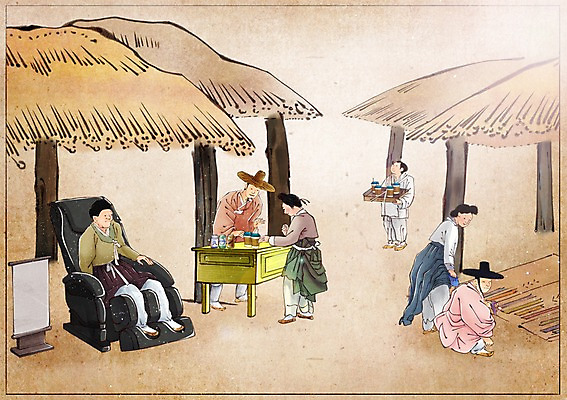 PSD 한국전통 여자 남자 백그라운드 컨셉 일러스트 지붕 초가집 사람 여러명 성인 야외 소파 변화 시장 구경 그림 과거 현대문화 안마기 풍속화 성인만 국내일러스트 전통 문화 다수 의자 한옥 한국 파일형식