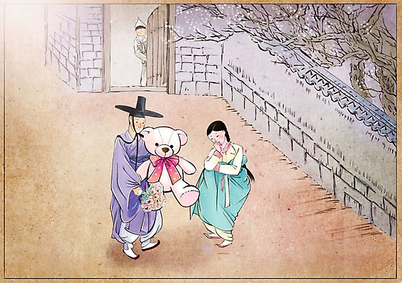 PSD 나무 식물 한국전통 커플 여자 남자 백그라운드 컨셉 프로포즈 일러스트 돌담 기와집 선물 사람 성인 야외 세명 문 곰인형 변화 한복 그림 과거 현대문화 풍속화 성인만 국내일러스트 갓모자 모자_잡화 전통 문화 인형 관계 한옥 전통소품 한국 담장 돌_바위 전통의상 파일형식