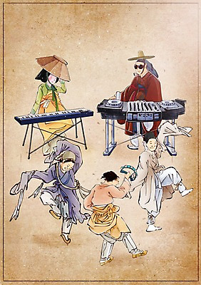 PSD 한국전통 여자 남자 악기 백그라운드 컨셉 일러스트 사람 여러명 성인 춤 변화 건반 건반악기 DJ 그림 과거 현대문화 어우동 풍속화 성인만 국내일러스트 전통 문화 음악 다수 문화예술 한국 우동 파일형식