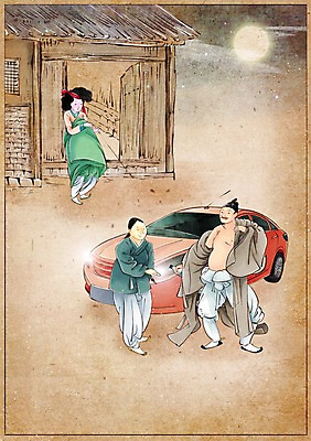 PSD 한국전통 여자 남자 백그라운드 컨셉 야경 일러스트 자동차 사람 성인 야외 세명 문 달 변화 한복 그림 과거 현대문화 기생 주점 집앞 풍속화 대리운전 대리기사 성인만 대행 국내일러스트 자연요소 직업 전통 문화 육상교통 한국 운전 술집 운전사 야간 전통의상 파일형식 풍경_경치