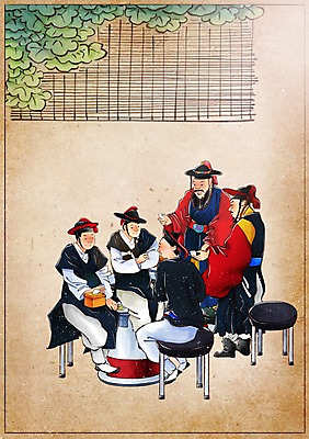 PSD 한국전통 남자 백그라운드 컨셉 의자 일러스트 발 탁자 육류 사람 여러명 성인 식당 커튼 변화 그림 삼겹살 과거 현대문화 술자리 풍속화 회식 성인남자만 국내일러스트 전통 문화 가구 다수 식재료 한국 돼지고기 신체부위 상점 식사 남자만 성인만 파일형식