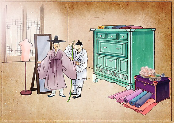 PSD 한국전통 남자 백그라운드 컨셉 일러스트 실내 줄자 사람 성인 두명 거울 직물 변화 마네킹 한복 실크 그림 서랍장 과거 현대문화 재단 풍속화 성인남자만 국내일러스트 갓모자 모자_잡화 전통 문화 가구 전통소품 한국 자 내부 전통의상 남자만 성인만 파일형식