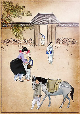 PSD 나무 식물 모자 한국전통 여자 남자 아들 어린이 백그라운드 컨셉 가방 일러스트 학교 엄마 기와 사람 여러명 성인 야외 말_동물 변화 한복 그림 과거 현대문화 마중 풍속화 하교길 국내일러스트 전통 잡화 교육 문화 다수 포유류 가족 한국 전통의상 하교 파일형식