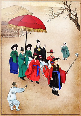 PSD 나무 식물 한국전통 여자 남자 백그라운드 컨셉 일러스트 초가집 사람 여러명 성인 야외 스마트폰 파라솔 말_동물 변화 한복 왕 그림 과거 현대문화 셀카봉 시녀 풍속화 성인만 국내일러스트 갓모자 모자_잡화 전통 문화 다수 포유류 한옥 전통소품 한국 핸드폰 스마트기기 전통의상 파일형식