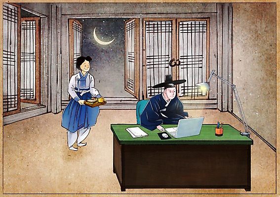 PSD 한국전통 여자 남자 종이 음식 백그라운드 컨셉 의자 일러스트 디저트 조명 쟁반 사람 성인 두명 노트북 문 방 달 스탠드 마우스 변화 야간 한복 책상 그림 연필꽂이 과거 현대문화 풍속화 국내일러스트 갓모자 자연요소 모자_잡화 전통 문화 가구 문구용품 전통소품 한국 전자제품 컴퓨터용품 전통의상 파일형식