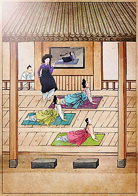 PSD 한국전통 여자 남자 백그라운드 컨셉 일러스트 요가 사람 여러명 성인 건물 운동 매트 마루 변화 한복 그림 과거 현대문화 풍속화 성인만 국내일러스트 전통 건축물 웰빙 문화 다수 바닥 한국 건강 전통의상 파일형식