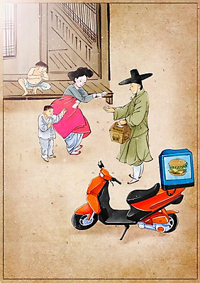 PSD 한국전통 여자 남자 어린이 음식 백그라운드 컨셉 일러스트 주택 패스트푸드 사람 여러명 성인 오토바이 햄버거 변화 한복 배송 그림 과거 주문 현대문화 집앞 풍속화 음식배달 국내일러스트 갓모자 모자_잡화 전통 문화 다수 전통소품 한국 건물 바이크 인스턴트 전통의상 파일형식