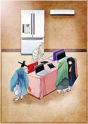 PSD 한국전통 여자 남자 백그라운드 컨셉 일러스트 사람 여러명 성인 노트북 전자제품 상점 변화 한복 에어컨 구경 그림 과거 현대문화 신제품 풍속화 성인만 국내일러스트 갓모자 모자_잡화 전통 문화 다수 전통소품 한국 가전제품 상품 전통의상 파일형식