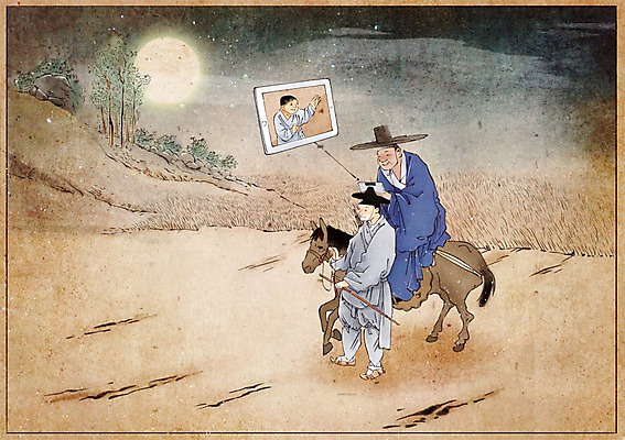 PSD 나무 한국전통 남자 길 어린이 백그라운드 컨셉 일러스트 사람 성인 야외 태블릿 달 말_동물 변화 야간 한복 그림 과거 현대문화 풍속화 화상통화 남자만 국내일러스트 갓모자 자연요소 식물 모자_잡화 전통 문화 포유류 전통소품 한국 전자제품 스마트기기 전통의상 통화 파일형식