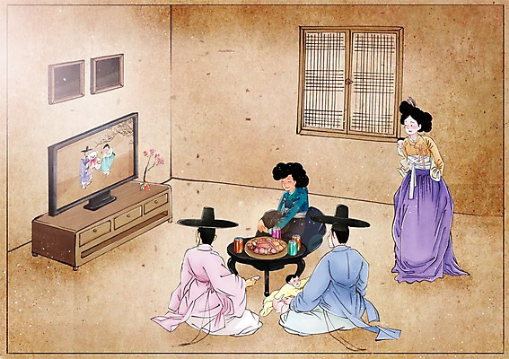 PSD 한국전통 여자 남자 음료 액자 백그라운드 컨셉 일러스트 창문 사람 여러명 성인 과자 텔레비전 아기 변화 한복 그림 과거 티비시청 현대문화 시청 풍속화 국내일러스트 갓모자 시청하다 모자_잡화 전통 문화 다수 모션 디저트 전통소품 한국 전자제품 전통의상 관공서 시청_보고들음 파일형식