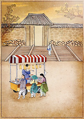 PSD 나무 모자 한국전통 여자 남자 어린이 음식 백그라운드 컨셉 일러스트 거리 기와집 사람 여러명 성인 야외 계단 변화 한복 그림 과거 현대문화 길거리음식 포장마차 풍속화 국내일러스트 식물 전통 잡화 문화 다수 한옥 한국 식당 전통의상 파일형식