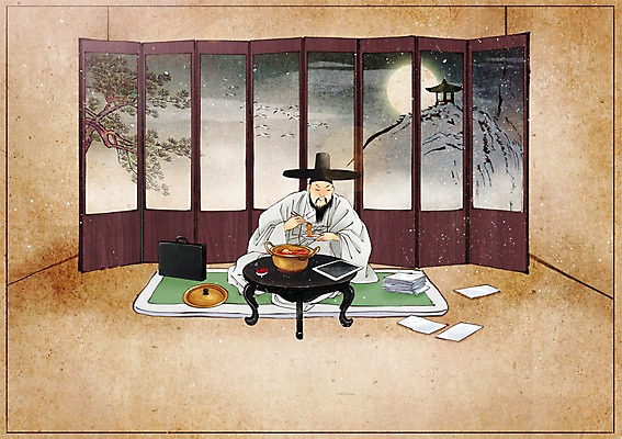 PSD 한국전통 남자 종이 음식 백그라운드 컨셉 서류가방 일러스트 실내 한명 사람 성인 태블릿 방 라면 업무 변화 냄비 한복 먹기 그림 과거 병풍 현대문화 풍속화 국내일러스트 갓모자 모자_잡화 1 전통 문화 가방 모션 전통소품 한국 내부 전자제품 스마트기기 면류 작업 솥 전통의상 파일형식