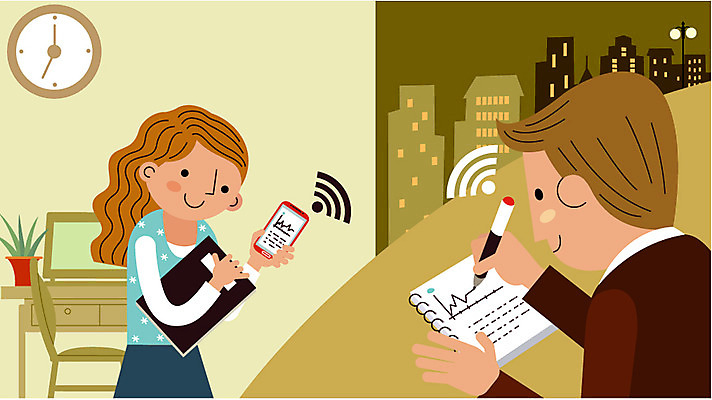 여자 남자 인터넷 일러스트 미래 정보기술 사람 성인 두명 스마트폰 펜 다이어리 정보 네트워크 스마트 공유 편리함 센서 첨단 사물인터넷 성인만 4차산업 국내일러스트 AI파일 산업 컨셉 기술 핸드폰 스마트기기 필기구 사무용품 파일형식 벡터