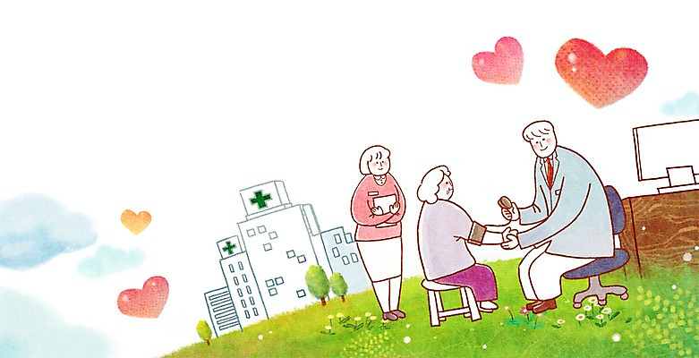 PSD 구름 여자 노년 남자 꽃 백그라운드 일러스트 병원 사람 잔디 성인 치료 세명 진료 간호사 의사 하트 보호 복지 책상 노인만 성인만 국내일러스트 자연요소 모양 식물 가구 컨셉 의학 의료진 사회이슈 파일형식