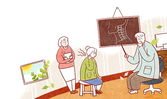 PSD 여자 남자 백그라운드 일러스트 의학 엑스레이 사람 성인 치료 세명 진료 환자 간호사 의사 보호 복지 목 목디스크 성인만 국내일러스트 컨셉 신체부위 의료진 질병 사회이슈 파일형식