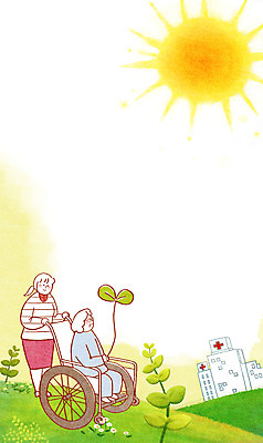 PSD 식물 여자 노년 꽃 백그라운드 일러스트 병원 사람 성인 두명 치료 태양 새싹 산책 환자 보호 복지 언덕 휠체어 성인여자만 국내일러스트 자연요소 컨셉 의학 휴식 사회이슈 여자만 성인만 파일형식