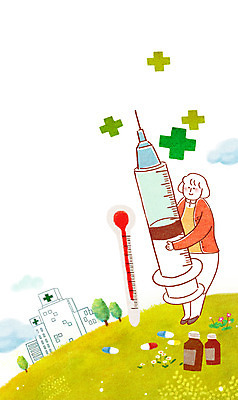 PSD 나무 여자 백그라운드 일러스트 병원 주사기 한명 사람 성인 치료 알약 간호사 보호 온도계 체온계 복지 언덕 국내일러스트 식물 1 컨셉 의학 의료기기 약 의료진 사회이슈 파일형식