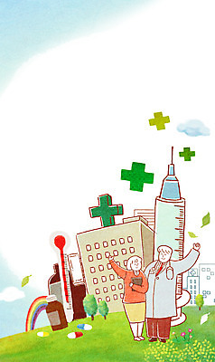 PSD 여자 남자 백그라운드 일러스트 하늘 병원 주사기 사람 성인 두명 치료 약 간호사 의사 보호 온도계 체온계 복지 언덕 국내일러스트 컨셉 의학 의료기기 의료진 사회이슈 파일형식