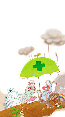 PSD 구름 여자 남자 어린이 백그라운드 무지개 일러스트 우산 날씨 병원 사람 성인 치료 환자 의사 비 보호 복지 휠체어 국내일러스트 자연요소 컨셉 의학 의료진 사회이슈 파일형식