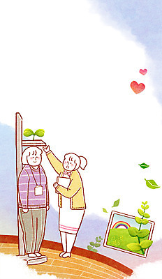 PSD 식물 여자 백그라운드 일러스트 창문 사람 성인 두명 치료 새싹 간호사 하트 보호 복지 검사_조사 키_신체 키재기 건강검진 성인여자만 국내일러스트 모양 컨셉 신체 의학 의료진 사회이슈 측정 여자만 성인만 파일형식