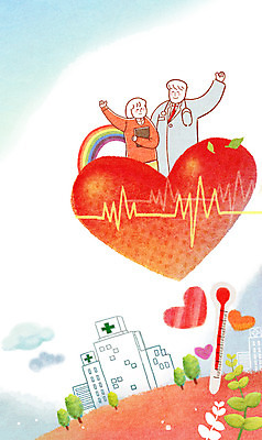 PSD 구름 여자 남자 백그라운드 무지개 일러스트 하늘 병원 사람 성인 두명 치료 간호사 의사 하트 보호 온도계 체온계 복지 국내일러스트 자연요소 모양 컨셉 의학 의료진 사회이슈 파일형식