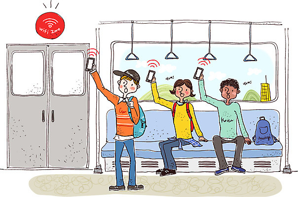 서양인 외국인 한국문화 여자 남자 문화 인터넷 일러스트 통신 한국 실내 사람 성인 세명 스마트폰 핸드폰 체험 전철 즐거움 와이파이 전통체험 성인만 국내일러스트 AI파일 동양문화 감정 아시아 육상교통 컨셉 대중교통 인종 내부 전자제품 스마트기기 무선인터넷 파일형식 벡터