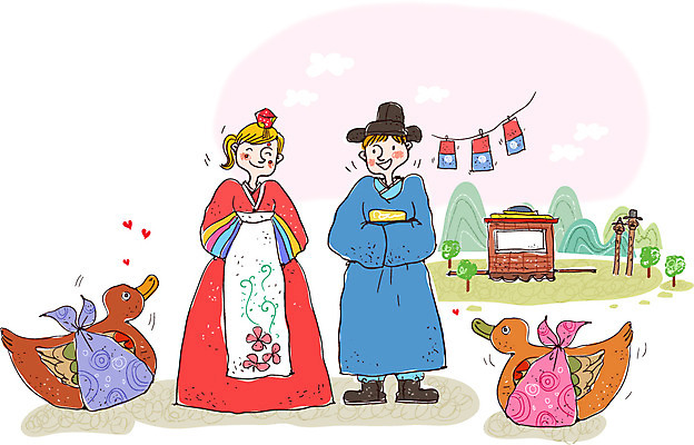 서양인 한국문화 전통 여자 남자 문화 결혼 가마_이동수단 일러스트 한국 사람 성인 두명 체험 한복 원앙 즐거움 청사초롱 전통체험 성인만 국내일러스트 AI파일 외국인 동양문화 한국전통 감정 아시아 교통수단 컨셉 조류 이벤트 전통의상 초롱 파일형식 벡터