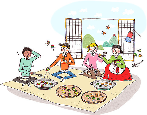 서양인 외국인 한국문화 여자 명절 남자 문화 음식 일러스트 한국 실내 요리 사람 동양인 여러명 성인 한국인 체험 프라이팬 꼬치 전 즐거움 청사초롱 전통체험 성인만 국내일러스트 AI파일 동양문화 전통 기념일 감정 아시아 다수 컨셉 주방용품 인종 내부 초롱 파일형식 벡터