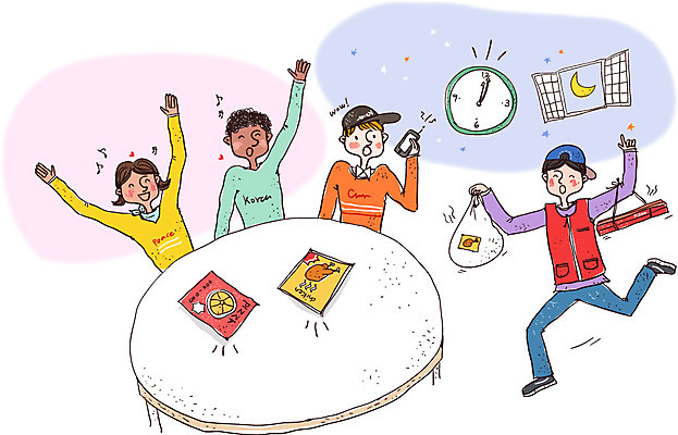 서양인 외국인 한국문화 여자 남자 문화 시계 일러스트 탁자 한국 피자 실내 사람 동양인 여러명 성인 치킨 한국인 체험 배달원 배송 즐거움 야식 전통체험 성인만 음식배달 국내일러스트 AI파일 직업 동양문화 감정 아시아 가구 다수 컨셉 패스트푸드 서양음식 인종 내부 닭고기요리 파일형식 벡터