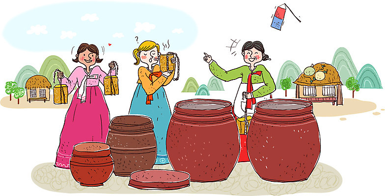 주간 서양인 한국문화 전통 여자 문화 일러스트 한국 초가집 사람 동양인 성인 야외 세명 한국인 체험 항아리 양념 된장 장 즐거움 청사초롱 전통체험 메주 여자만 성인여자만 성인만 국내일러스트 AI파일 자연요소 외국인 동양문화 감정 아시아 컨셉 한옥 인종 도자기 초롱 파일형식 벡터