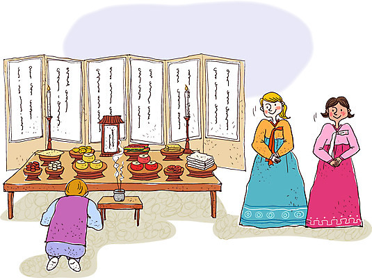 서양인 외국인 한국문화 전통 여자 남자 문화 음식 일러스트 한국 실내 사람 동양인 성인 세명 한국인 체험 한복 즐거움 제사 병풍 제사음식 전통체험 성인만 국내일러스트 AI파일 동양문화 한국전통 감정 아시아 컨셉 인종 내부 전통음식 전통의상 전통의례 파일형식 벡터