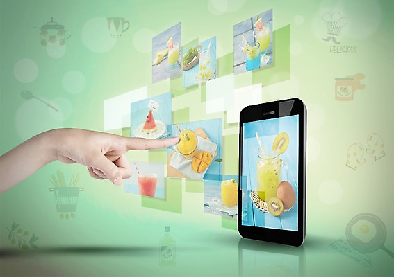 PSD 편집이미지 손 과일 한손 키위 사람 신체부위 태블릿 가리킴 발전 스마트 합성 망고 편리함 혁명 이미지편집 컨셉 손짓 전자제품 스마트기기 열대과일 파일형식