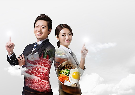 PSD 구름 편집이미지 여자 남자 음식 비즈니스 모션 하늘 한국 요리 사람 정장 상반신 성인 두명 기댐 비빔밥 꽃등심 성인만 이미지편집 자연요소 옷 아시아 한식 육류 파일형식